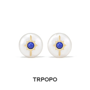 Lapis Lazuli Sunburst Pearl Stud Earrings - TRPOPO