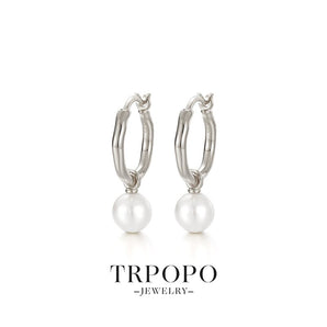 Luminary Pearl Swing Hoop Drop Earrings - Silver - TRPOPO