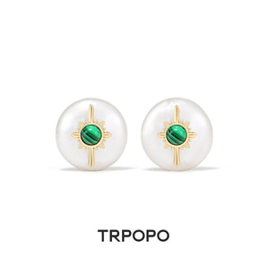Malachite Sunburst Pearl Stud Earrings - TRPOPO