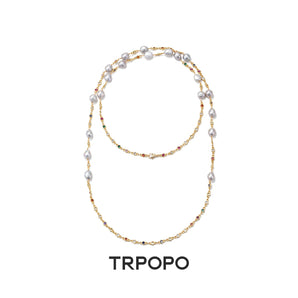 Multi - Colored Gemstone Baroque Pearl Long Necklace - TRPOPO