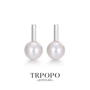 Plated Rectangular Bar & Round Pearl Stud Drop Earrings - Silver - TRPOPO