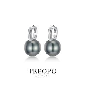Round Pearl Hoop Drop Earrings - Grey - TRPOPO