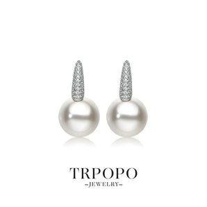 Round Pearl - Plated Diamond - Embellished Hoop Drop Earrings - Silver - TRPOPO