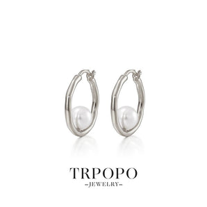 Sterling Silver Hoop Earrings with Enclosed Pearl - Silver - TRPOPO