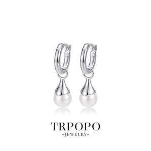 Sterling Silver Hoop Earrings with Pearl Droplets - TRPOPO