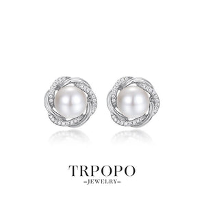 Sterling Silver Pearl & Diamond Cluster Stud Earrings - TRPOPO