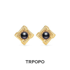 Textured Gold Black Pearl Stud Earrings - TRPOPO