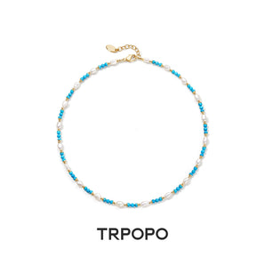 Turquoise & Pearl Gold Beaded Necklace - TRPOPO