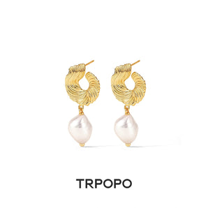 Twisted Gold Baroque Pearl Drop Earrings - TRPOPO